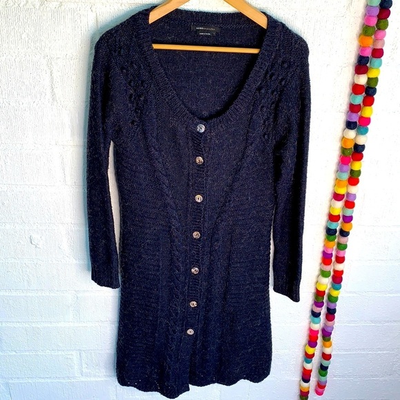 BCBGmaxazria Alpaca Long Button Down Duster Navy Pom Pom Cardigan Sweater sz L - Picture 1 of 7